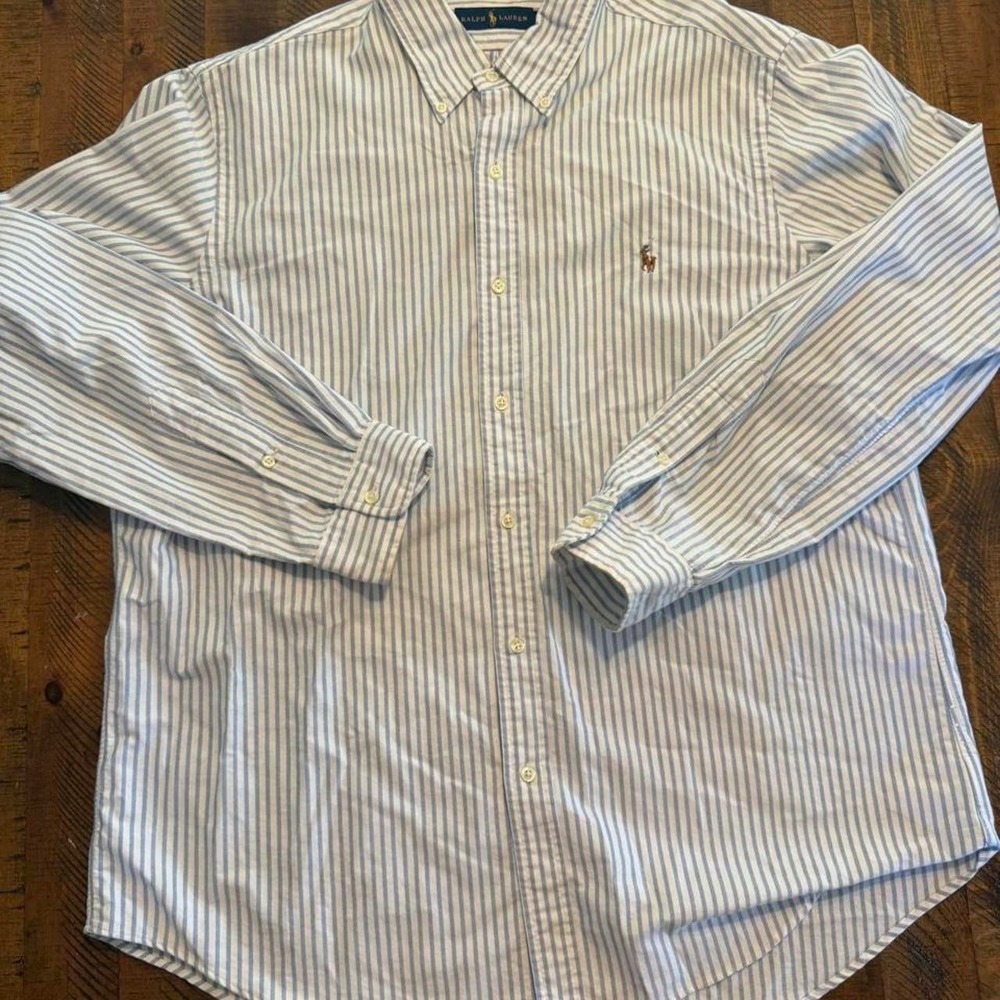 Ralph Lauren white and blue striped button-up shirt Flesh color Logo Mens XL